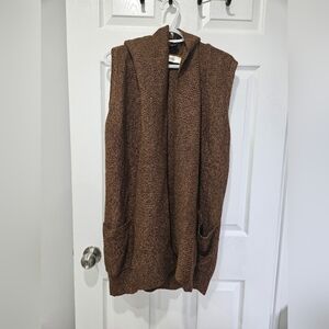 Hooded Brown Knit Sleeveless Cardigan Vest W/ Pockets